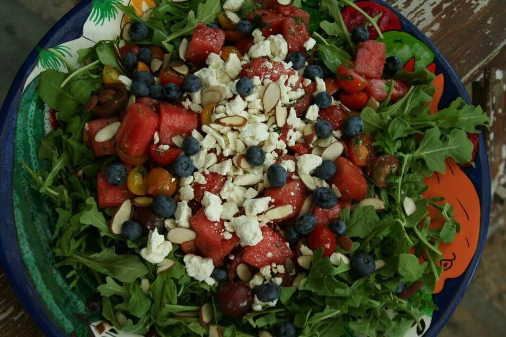 IMG_7810 Tomato Watermelon with Blueberry Salad. Red, White and Blue and perfect for summer and 4th of July!