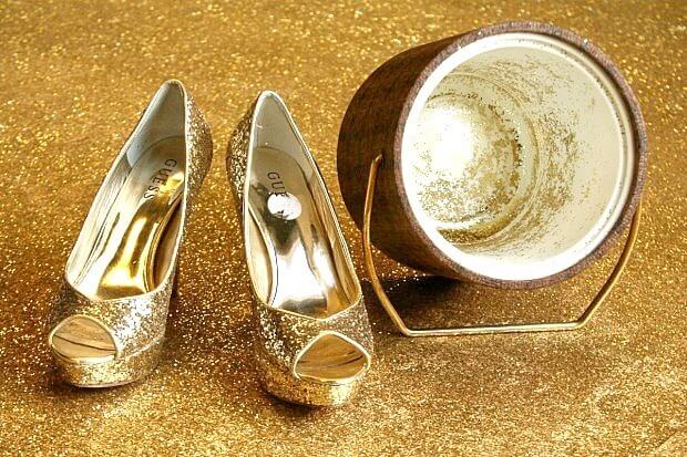 Gold Glitter Shoes and a gold glitter floor