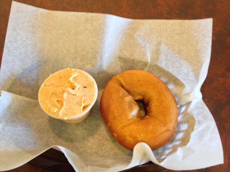 Pumpkin bagels and cream cheese at Crestline Bagel.