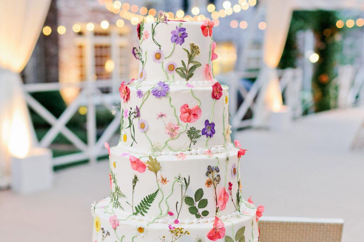 A three-tiered white wedding cake from Dessert Designs decorated with pressed colorful wildflowers and greenery.