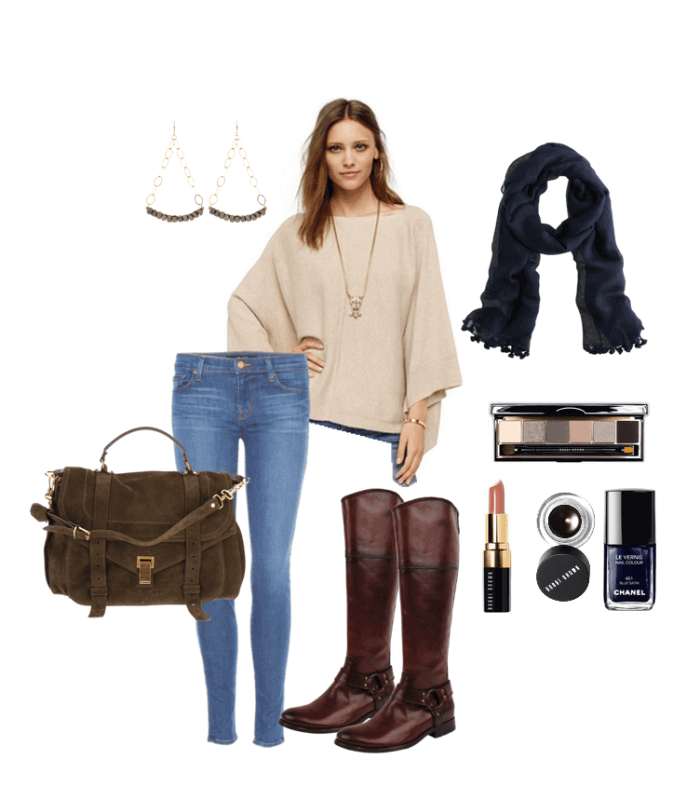 Juicy Couture sashmere sweater: $155; J Brand Jeans; Boots available at www.bergdorfgoodman.com; Proenza Schuler at Farfetch: $1,993; Judith Bright earrings: $188; Bobbi Brown Makeup and Chanel ; Banana Republic scarf