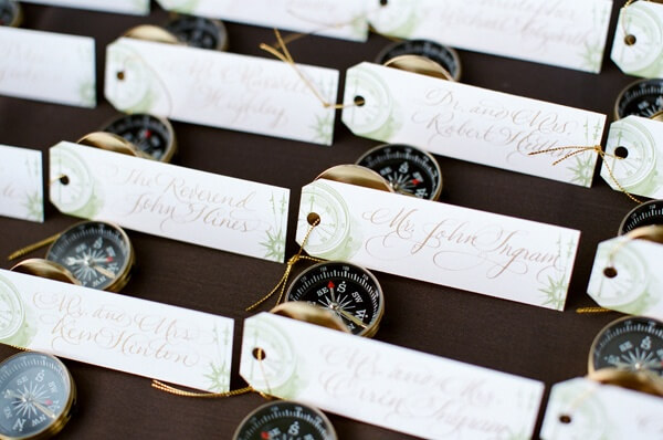Margaret, a passionate world traveler, thought it might be fun to direct guests to their tables with their own personal compass.
