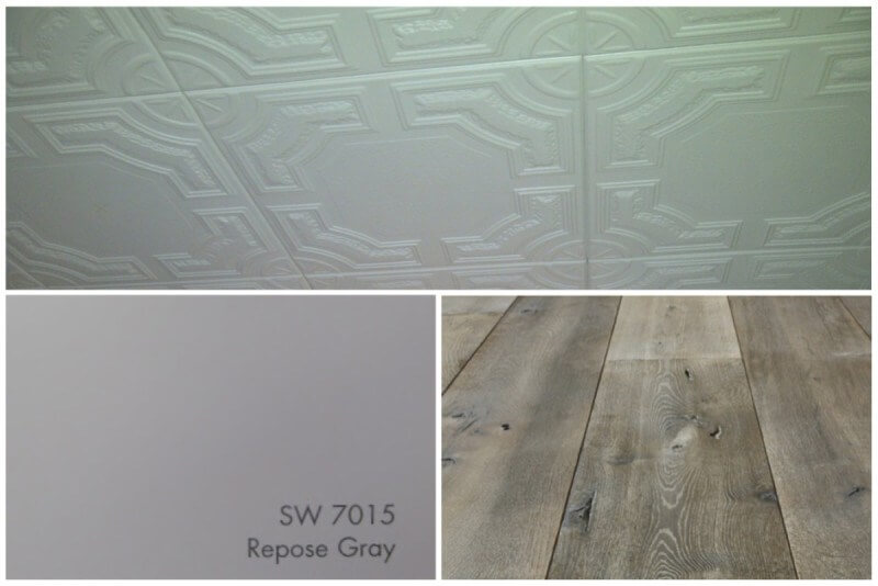 A sample board of the materials Kandrac & Kole used for the trailer overhaul -- soft gray walls, wide plank laminate flooring, and a Victorian-style tin ceiling.
