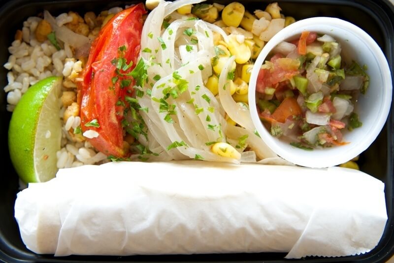 Vegan Tempeh Tacos: Taco Tempeh “meat”, sauteed “Mexican street corn”, brown rice, onions, cilantro, lime, corn tortillas and salsa fresco Fit Food Revolution