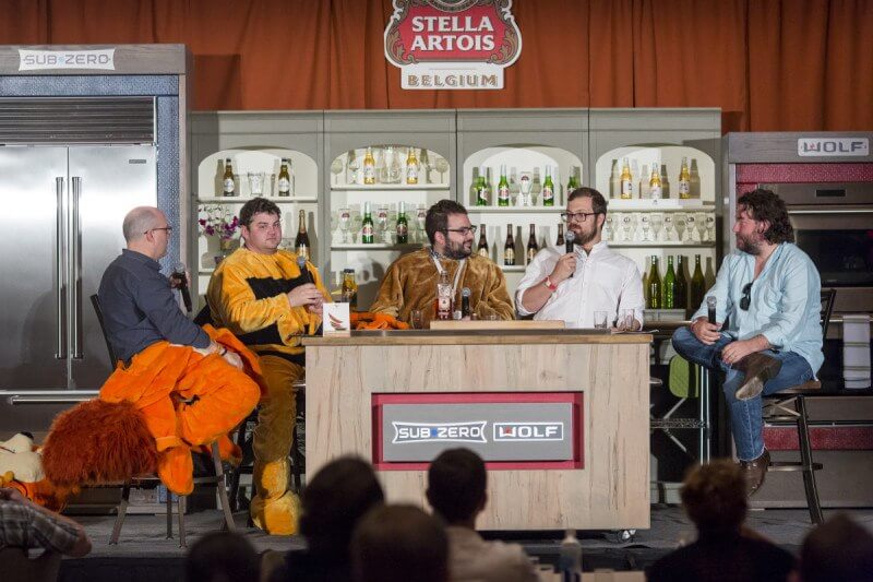 The distinguished panel leading the "Food & Sports" discussion at AFWF, Yes, those are mascot costumes.