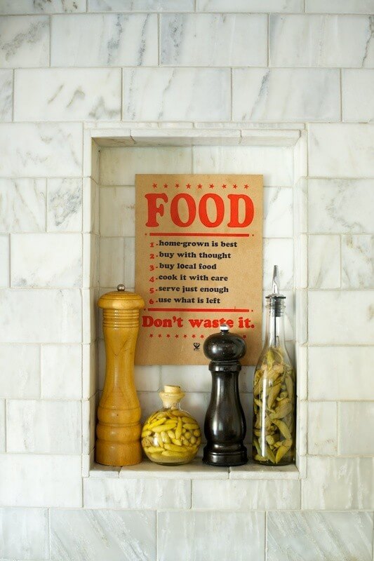 A nice reminder hangs in the recessed alcove.