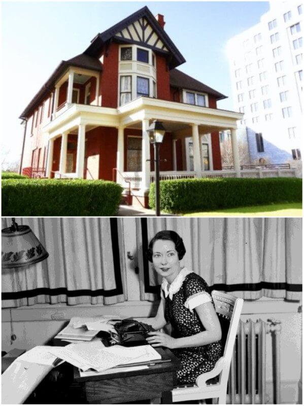 The exterior of the Margaret Mitchell House museum and a photgraph of the author at the desk where she wrote Gone With The Wind. Image credit Atlanta History Center