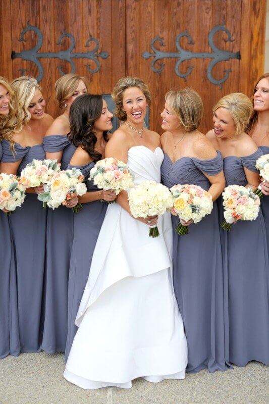 bride with bridesmaids lavendar dresses