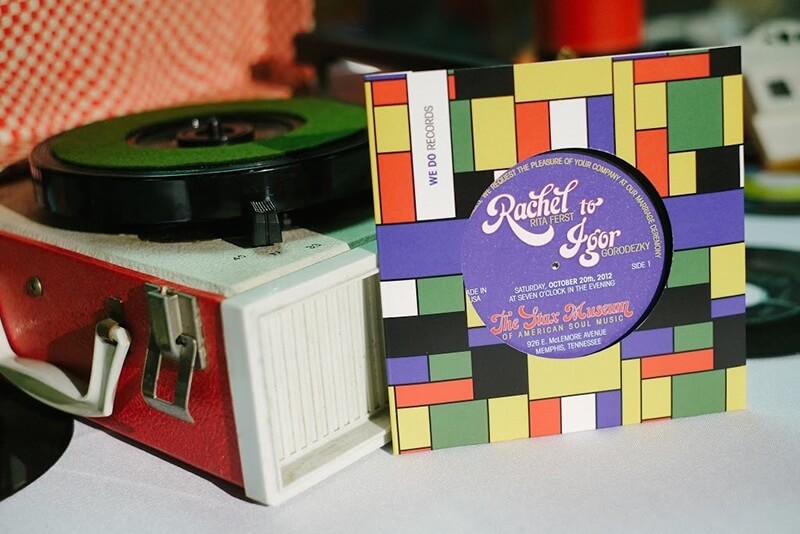 Socially Inked created the invitations, which mimicked a record and album cover. | Photo courtesy of Southern Event Planners | Photo credit: Josh Malahy