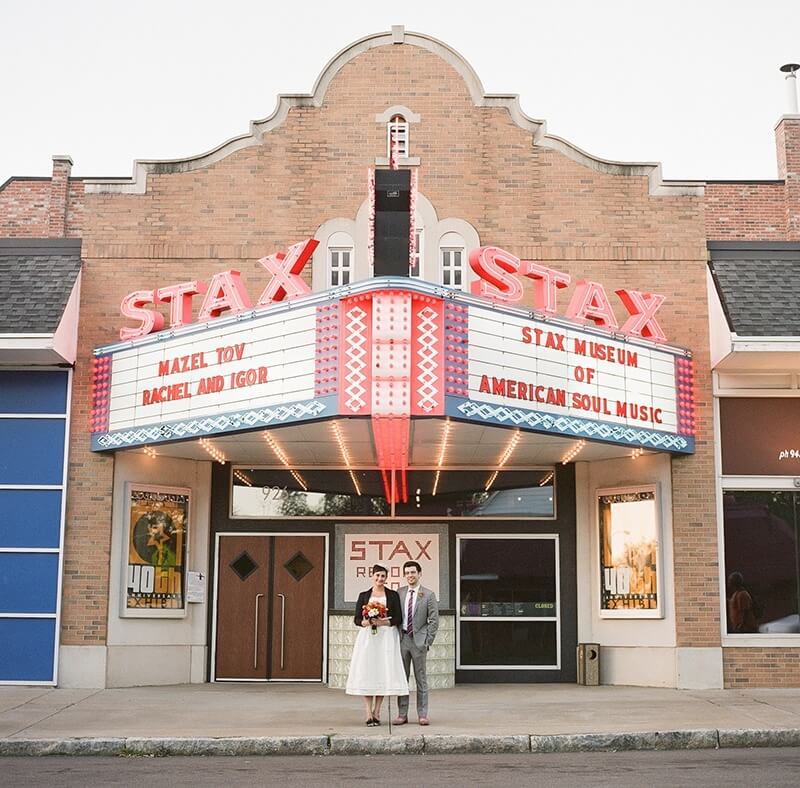 Rachel Ferst and Igor Gorodezky, had a destination wedding at the STAX Museum of American Soul and Music. | Photo courtesy of Southern Event Planners | Photo credit: Josh Malahy