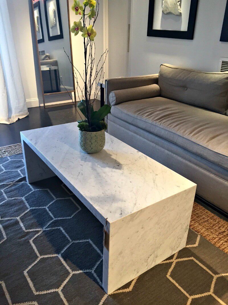 Gorgeous waterfall table made from Bianco Carrara sells for $2200 at Fragments.