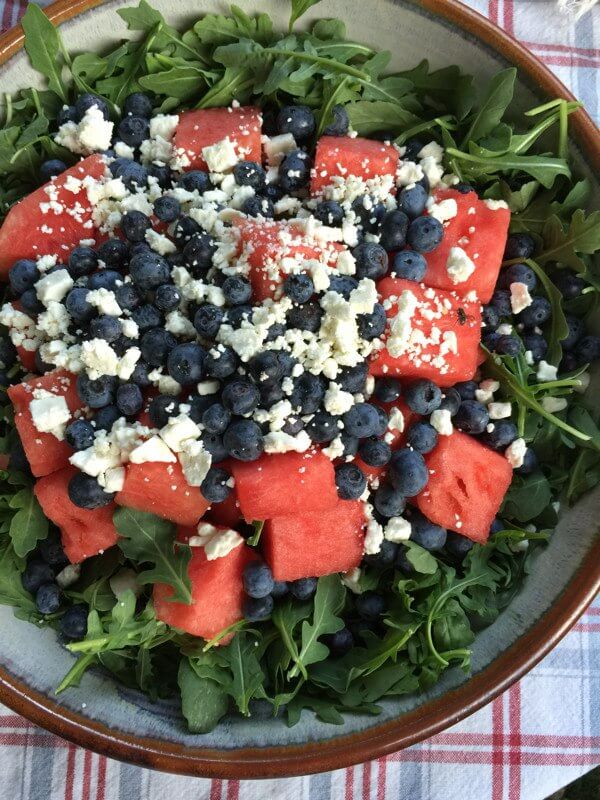 Easy July 4th Salad: Watermelon, blueberries, feta and arugula.
