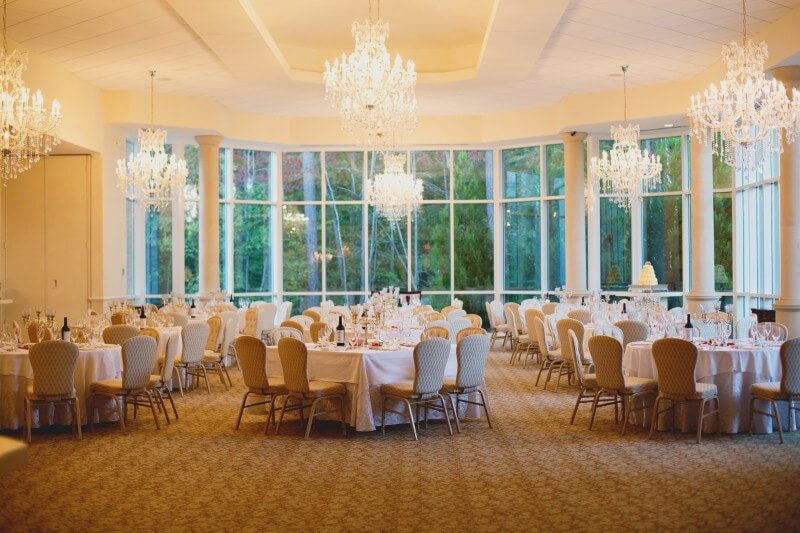 View of the Ashton Gardens ballroom before the party began. Notice the large windows that invite the outdoor beauty inside the room.