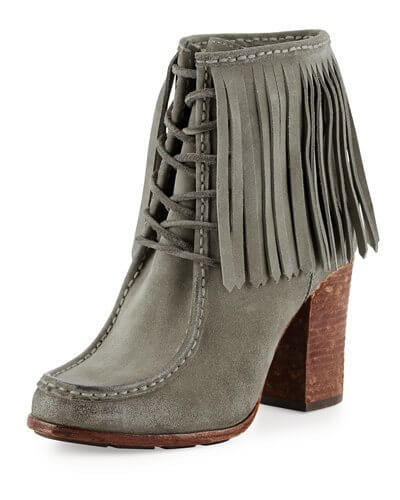 These Frye booties have a 3.5 inch stacked heel. They come in this gray or in a dark brown for $318. These maximize that 70s vibe with a modern twist.