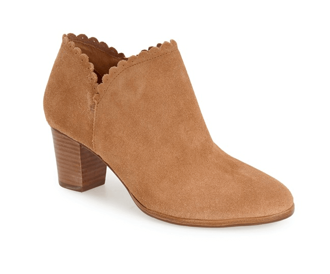 This bootie by Jack Rogers has a sweet scalloped edge with a perforation in the center of each scallop. It comes in three colors and has a 2.25 inch heel and is priced at $167.95. For details, click here.