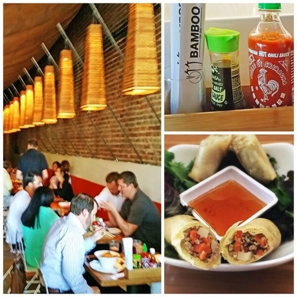 "They are concentric squares that harken the feel of an Asian temple bell," says Bernie of the unique Plyboo light fixtures at Bamboo on 2nd. | Filipino egg roll image courtesy Marlene Glaser