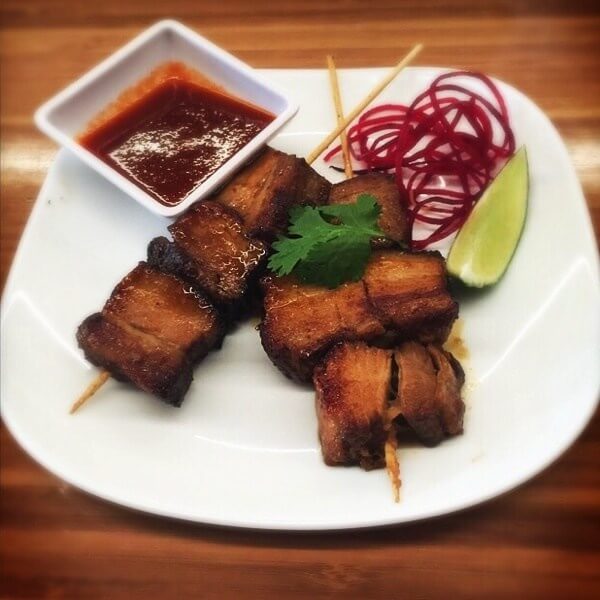 Pork Belly Adobo Skewer with Honey-Sriracha dipping sauce