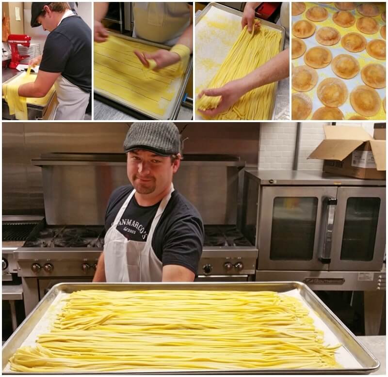 Mike lays the cut pappardelle noodles on the tray and displays a tray of homemade fettuccine and the tomato-infused pasta ravioli stuffed with lobster, shiitake mushrooms and ricotta.