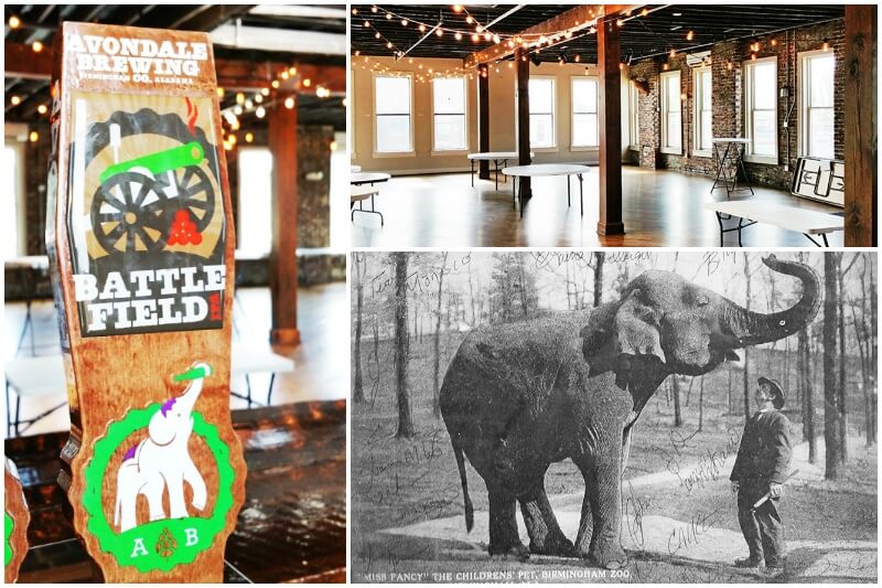 The event space upstairs is filled with natural light, exposed brick, wooden beams, a skylight and its own full-service bar. On the right is a photo of the original Miss Fancy, an integral part of Avondale's history and Avondale Brewery's mascot. Event space at Avondale Brewing, a Birmingham craft brewery