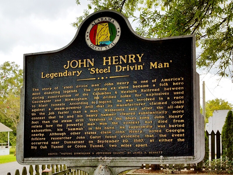 An integral piece of American folklore, the tale of John Henry, is said to have taken place in Leeds. The tale has been recounted in a famous folk song, "The Ballad of John Henry," which has been performed by the likes of Johnny Cash, Gillian Welch, Bruce Springsteen, Van Morrison, Doc Watson, Woody Guthrie, Lead Belly and Jerry Lee Lewis, among others. Legend has it that John Henry, the "steel-drivin' man” raced and won an infamous duel of strength against a steam engine during the laying of a railroad that penetrated the Oak Mountain Tunnel in Leeds.