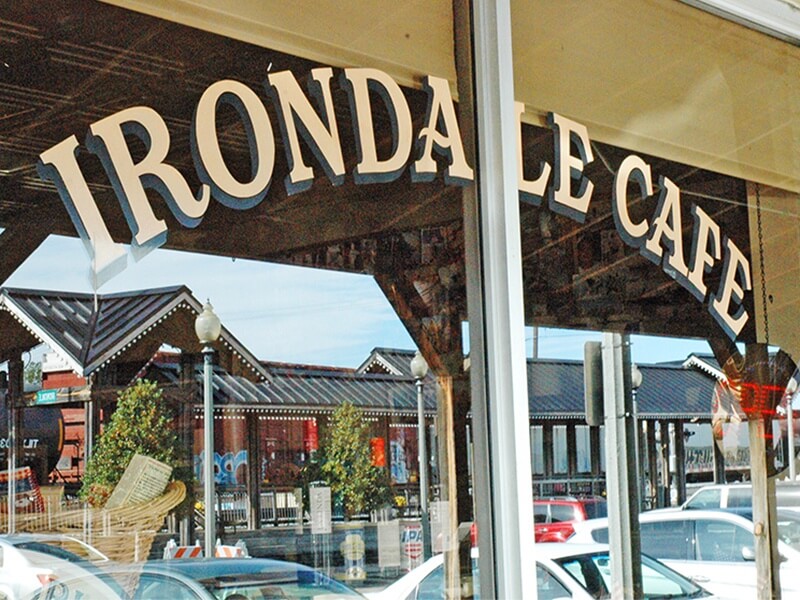 The hand-painted window sign at the Irondale Cafe
