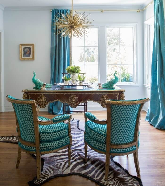 The Making of a Hedgemoor Family Dream Home - 8 The study features pale, lacquered walls and peacock blue accents. A starburst fixture highlights Jenna's love of whimsy.