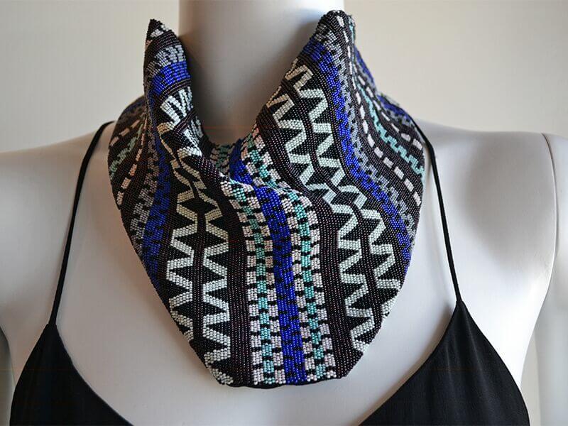Glass bead on chiffon scarf necklace at Circe + SWAG glass bead scarf necklace