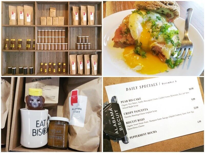 Alabama Biscuit Company offers gift boxes of their biscuit mix, local honey, almond and pecan butter, mugs and more.