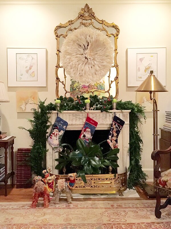 The feather juju hat from Northern Africa is a definite statement piece and a most creative wreath for this Istanbul-influenced holiday vignette.