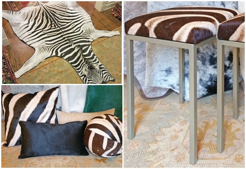 Zebra-hide rug, $2,800; custom iron stools by Lucy Smith with zebra-hide seats, $800 each; 20-inch square zebra pillow, $450; double-sided cowhide pillows, $150; and custom-made-by-request round zebra pillow, $650, at Paige Albright Orientals Zebra-hide rug, $2,800; custom iron stools by Lucy Smith with zebra-hide seats, $800 each; 20-inch square zebra pillow, $450; double-sided cowhide pillows, $150; and custom-made-by-request round zebra pillow, $650, at Paige Albright Orientals