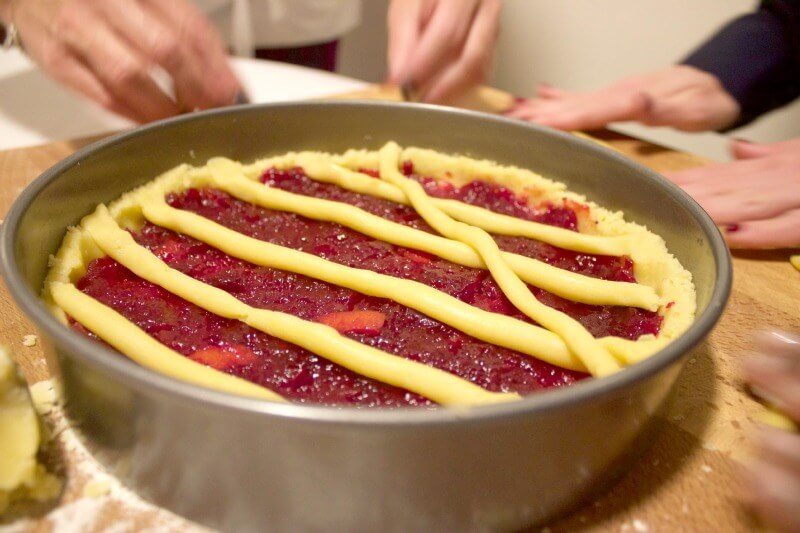 At The Italian Table with Gina Stipo. Applying the lattice to the top of our Cranberry Crostata.