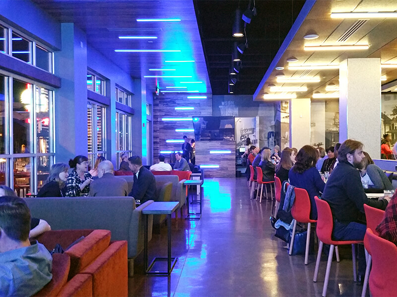 "We wanted to create a whole retro throwback look as a nod to the history here, " says Black Architects' interior designer Haley Treadaway. "But we also wanted it to be really modern, cool and masculine, like an upscale sports bar with a retro edge." Sky Castle
