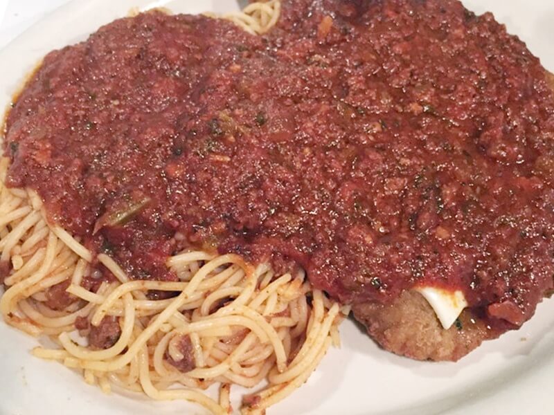 Veal Parm and Spaghetti with meat sauce Dinos
