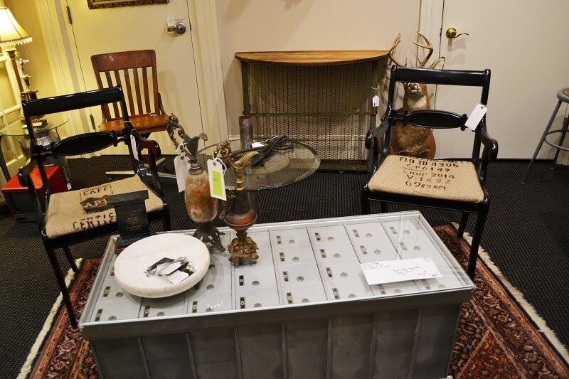 This table is made from old post office boxes. New Albany