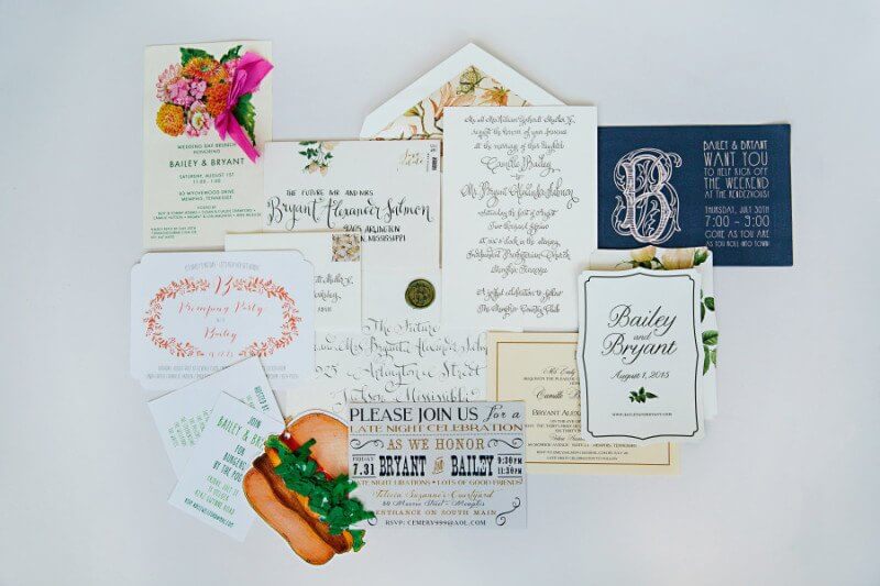 A collage of wedding event invitations.