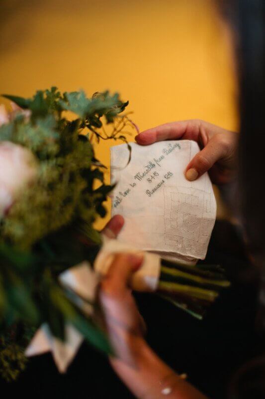 Bailey gifted her bridesmaids with antique handkerchiefs.