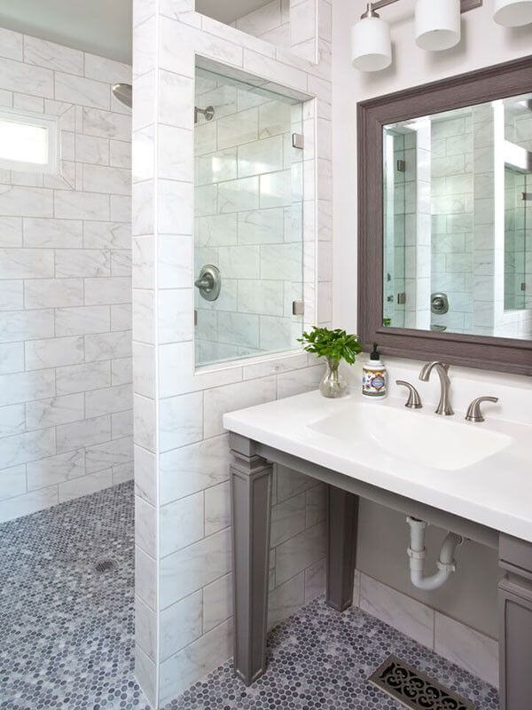 This Lake Lanier wheelchair accessible bathroom is gorgeous! Interior designer: Beth Johnson