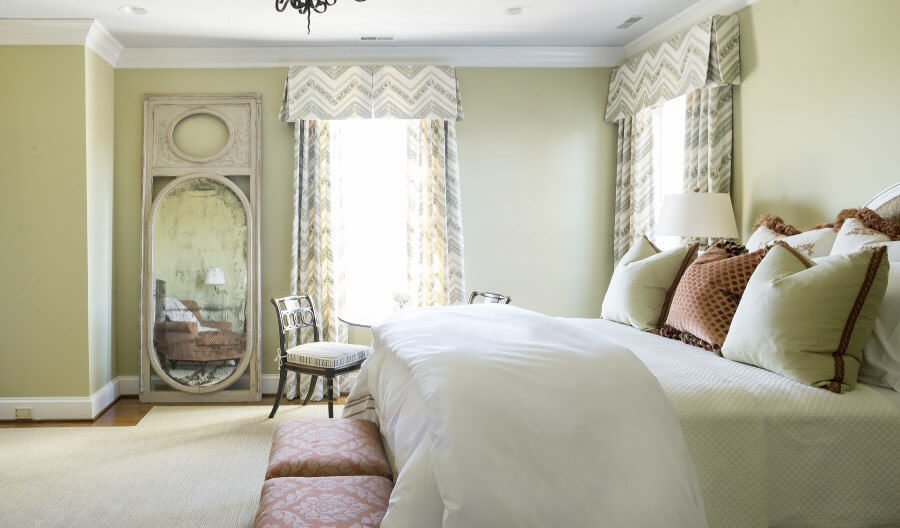 We love the use of green! Tennessee farm house, bedroom