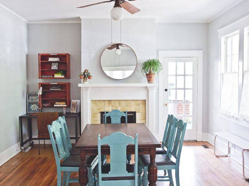 This bright and welcoming dining area is quiet comfortable.
