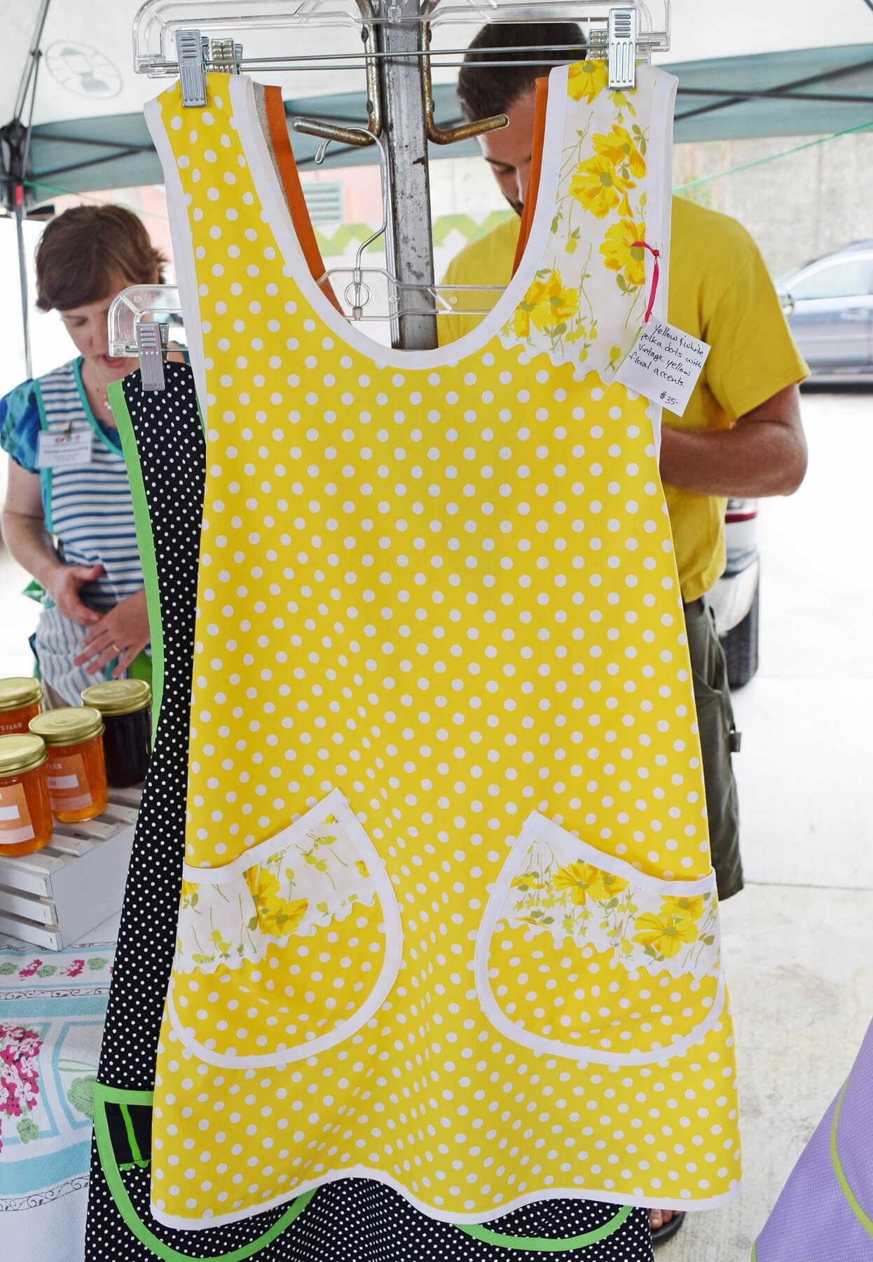 Find this cute yellow polka-dot apron with vintage floral accents, $35, at the Memphis Farmers Market.