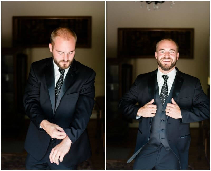 Lindy chose classic black tuxedos for Mitch and his groomsmen, but added a special black-and-white polka dot tie for the handsome groom! Lindy chose classic black tuxedos for Mitch and his groomsmen, but added a special black-and-white polka dot tie for the handsome groom!