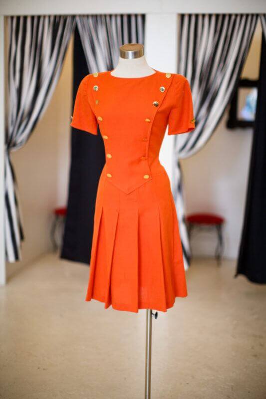  adore this vintage 80s Miss O by Oscar De La Renta orange linen military style fit and flare dress, size small $58. Red Velvet measures all of their vintage clothing and sizes them according to modern standards “because sometimes a 1950s 14 translates to a small today” explained Vera. “Mostly we focus on mid-century pieces but we cannot resist unique clothing like this.”
