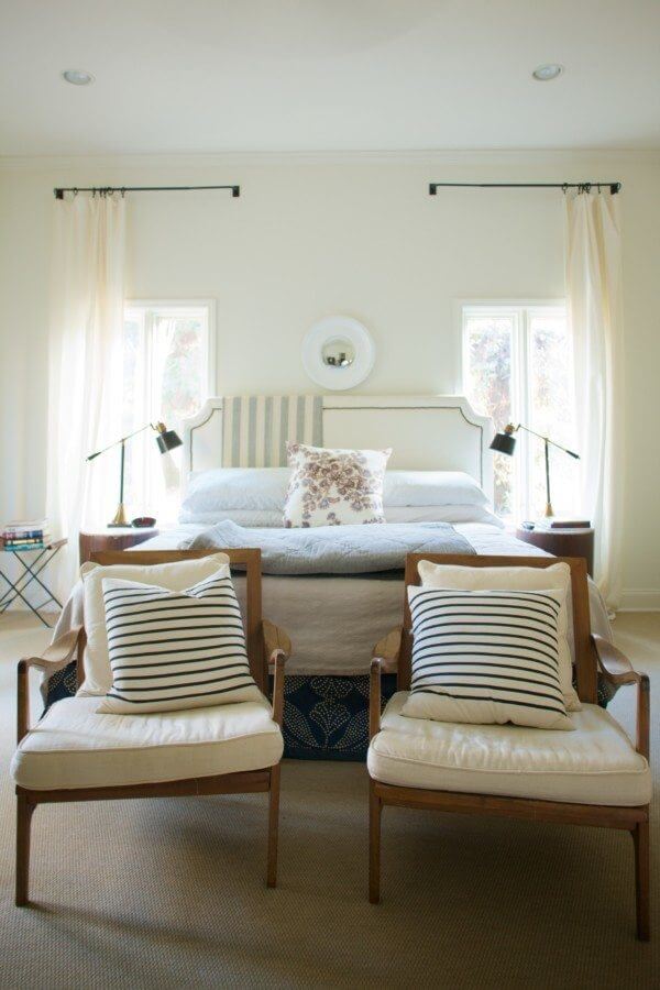The master bedroom features a refreshingly unexpected mix of colors and patterns. 