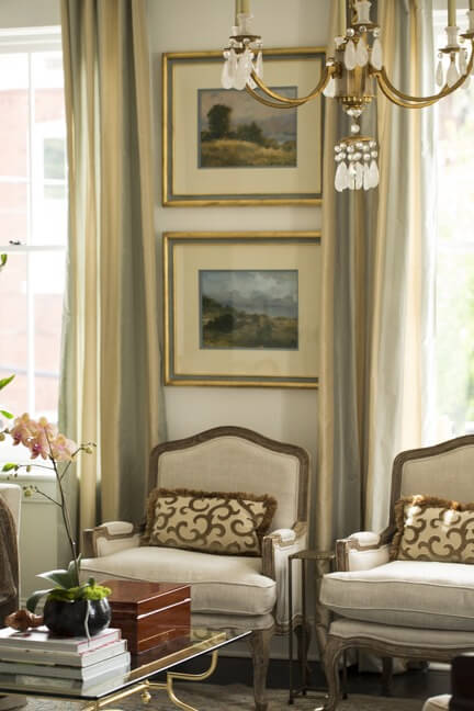 Floor to ceiling drapery panels are also from Restoration Hardware.