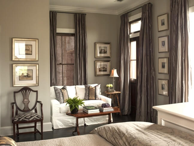 The master bedroom features neutral, masculine colors.