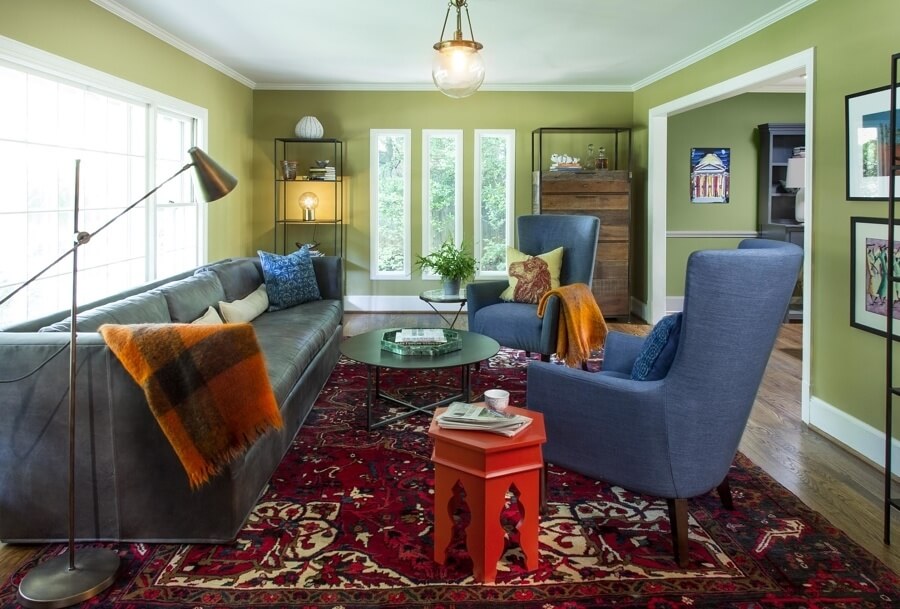 While it can be challenging to decorate a house with limited architectural appeal, like a 1960 split level, Lesley suggests her clients take risk with color and pattern to make a space feel personable and comfortable. While it can be challenging to decorate a house with limited architectural appeal, like a 1960 split level, Lesley suggests her clients take risks with color and pattern to make a space feel personable and comfortable.
