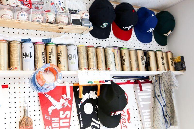 Tools of the trade: in Jeremy's workshop, you'll find painter's tape and a variety of colors used to create each one-of-a-kind bat.