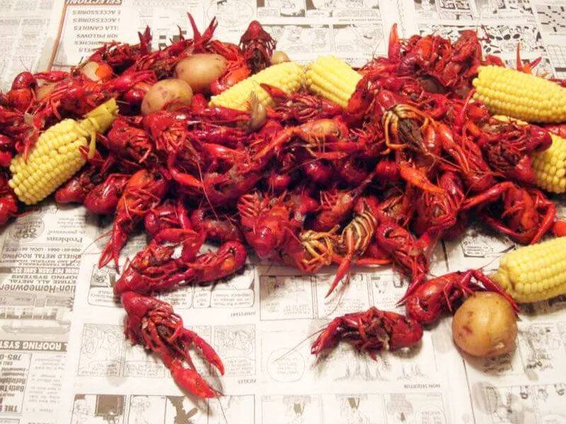 crawfish boil in New Orleans. Food consists of crawfish, corn potato