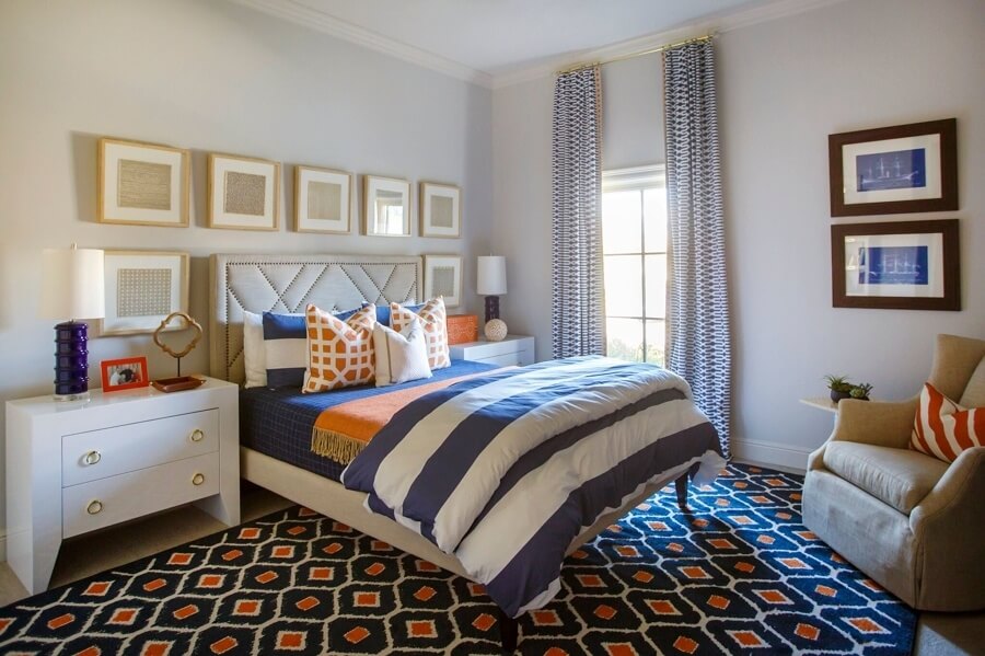 The headboard and bedding from West Elm (westelm.com) are joined by accessories in blue and orange for this boy’s room. The headboard and bedding from West Elm (westelm.com) are joined by accessories in blue and orange for this boy’s room.
