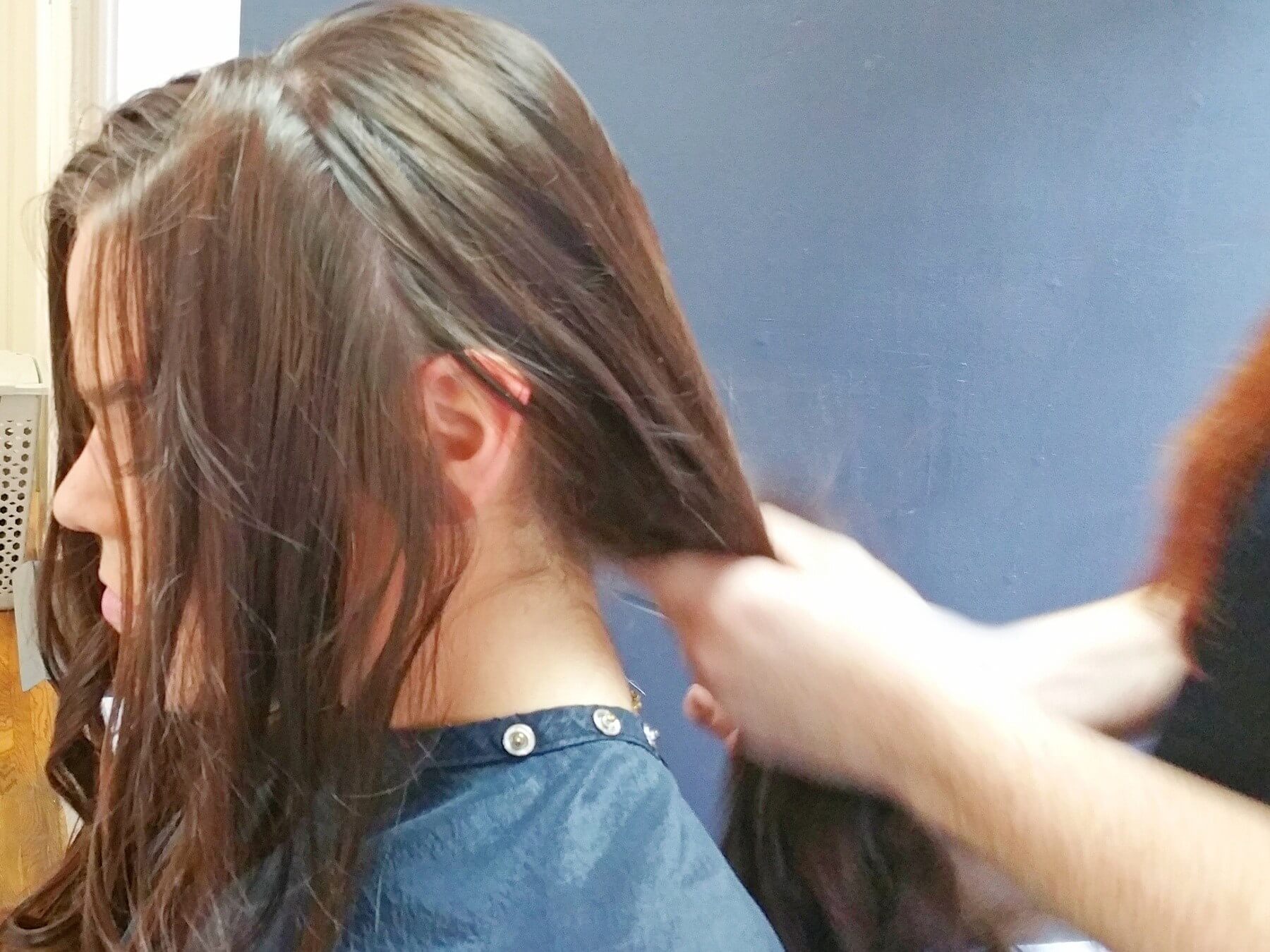 Part hair at a line extending from one ear to the other. Part hair at a line extending from one ear to the other.